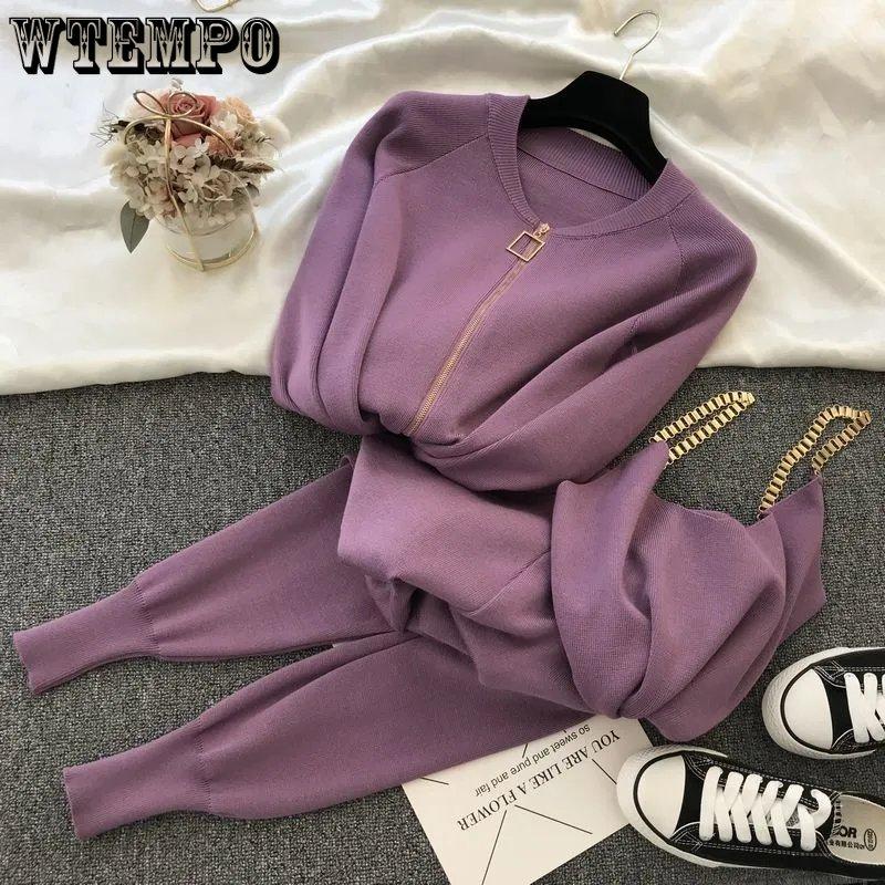WTEMPO Conjunto de Tricô com Zíper para Mulheres + Calças + Coletes com Corrente Conjunto de Três Peças Suéteres Calças Fantasias Roupa Terno