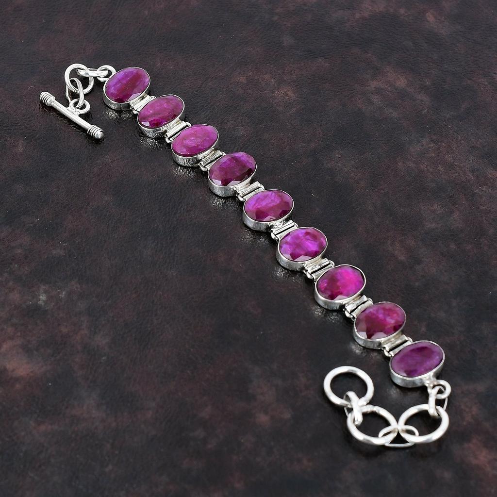 Faceted Kashmir Ruby Bracelet Original Gemstone Jewelry 925 Sterling Silver Bracelet Adjustable Chain Bracelet Gift For Mom Handmade Jewelry