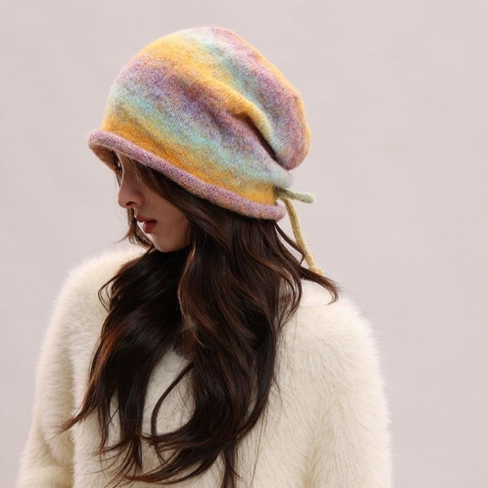 Rolled Brim Drawstring Beanies Hat Loose Y2K Pullover Cap Simple Brimless Beanie Cap Warmer