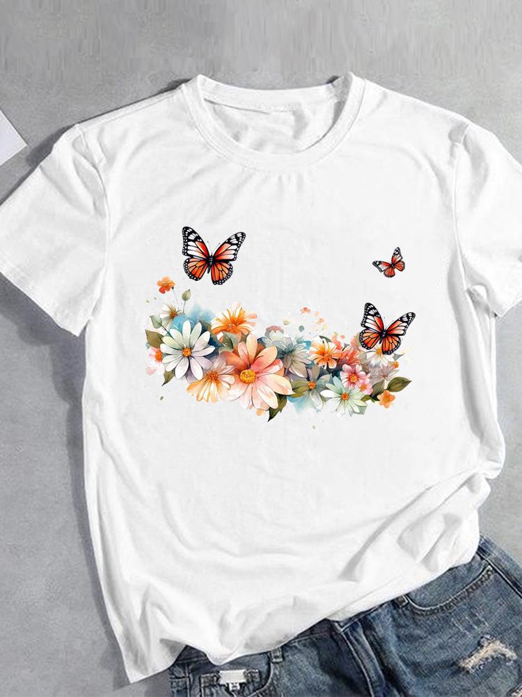 (Asian Size) Women Tee Top Butterfly Lovely Trend Cute Short Sleeve Fashion Print Lady Clothing Casual Tshirt Female Graphic T-shirts