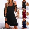 Ladies Sexy Fashion Solid Color Square Neck Splicing Mesh Long Sleeve Dress