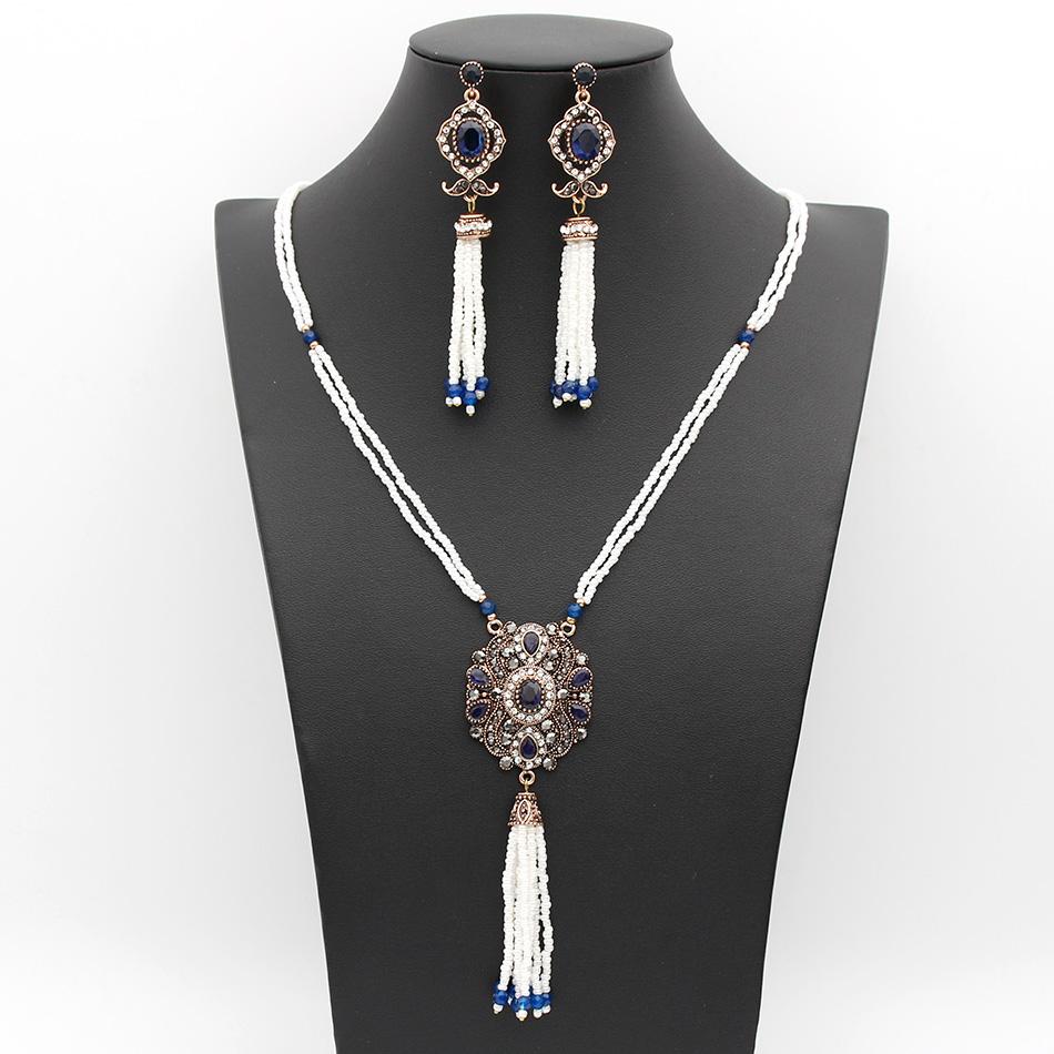 Elegante antike goldfarbene Damen-Perlenschmuck-Sets, lange Perlenohrringe, Harzkette, Brautbijoux