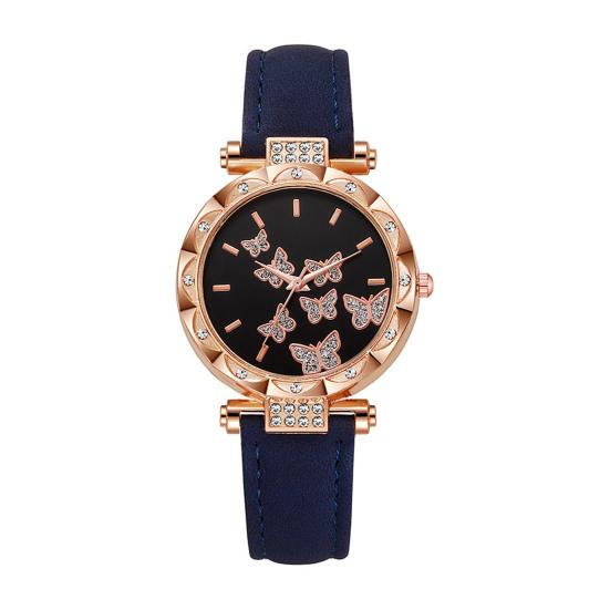 Ladies Butterfly Watch Artificial Leather Strap Quartz Watch Rhinestone Round Dial Fashionable Wristwatch for Women Party Office Date