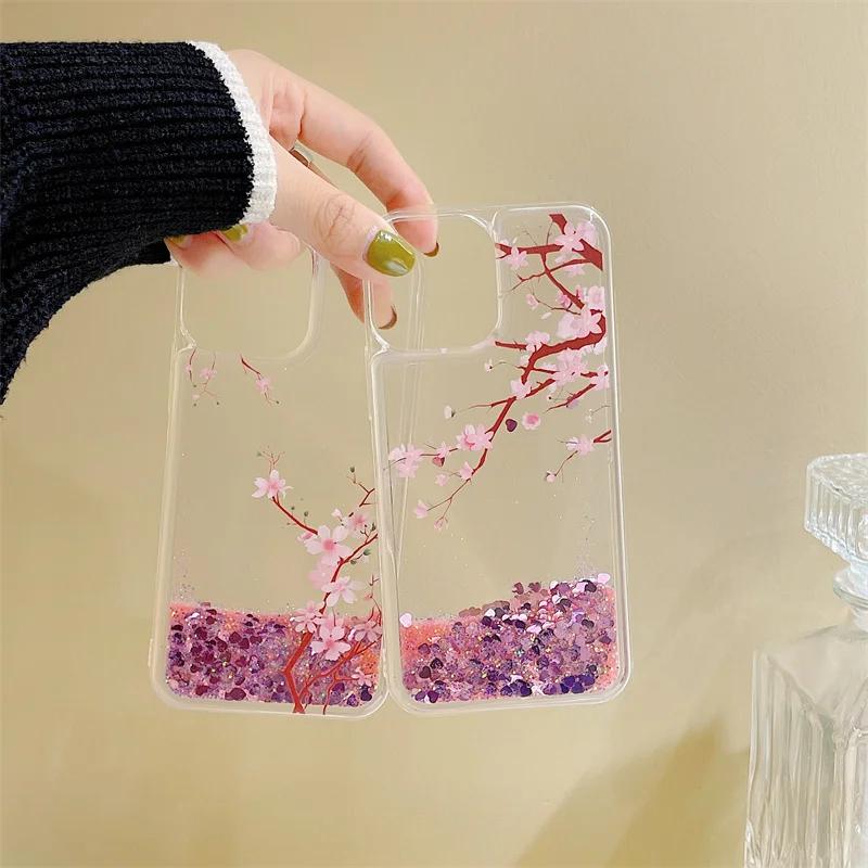 Glitzer Treibsand Pfirsichblüte Hülle für iPhone 15 14 13 Pro Max Para Fundas Weiche Schutz Hülle Glänzend Arena Handyhüllen Damen Capa