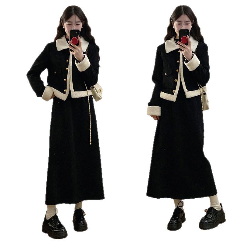 Women's Plus Size Fleece-Lined Lambswool Winter Suit: Thick Coat & A-line Skirt Set