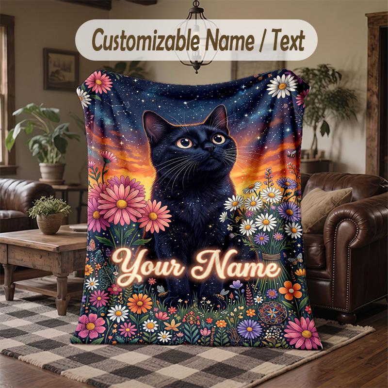 Starry Night Cat Garden Theme Throw Blanket Custom Name Text Personalized Blanket Soft Cozy Blanket for Home Sofa Bed