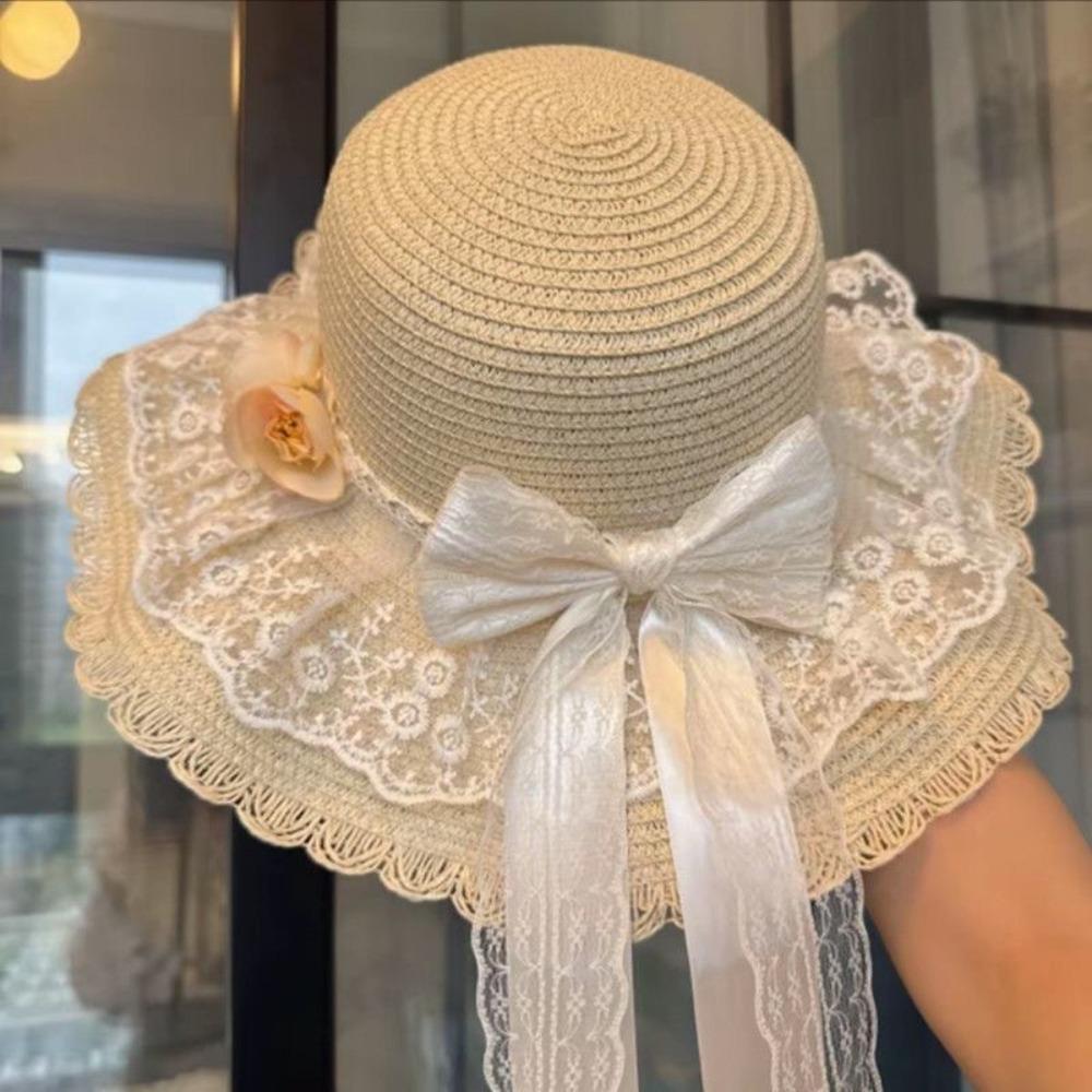 Elegant Lace Bow Sun Hat Breathable Straw Adjustable Beach Hat Lace Ruffle Sun Visor Hats Summer Beach