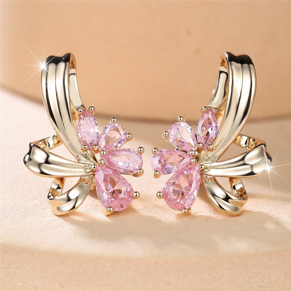 Elegant Female Big Water Drop Pink White Zircon Stone Skeleton Hoop Earrings Trendy Fashion Gold Color Wedding Jewelry For Women