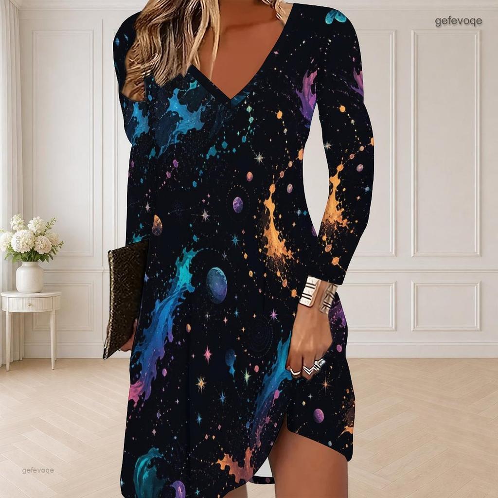 Women Plus Size V Neck Long Sleeve Colorful Abstract Printed Curved Hem Dress