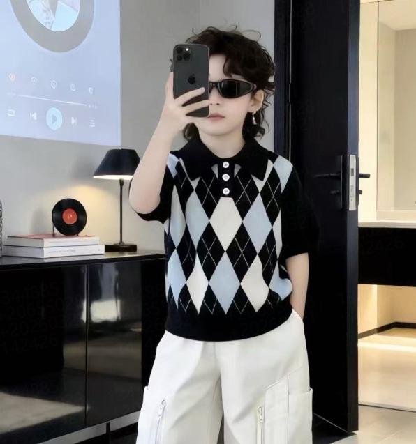 Kids Classic Argyle Knit Polo Shirt Short Sleeve Sweater Old Money Unisex Baby Fashion Casual Top