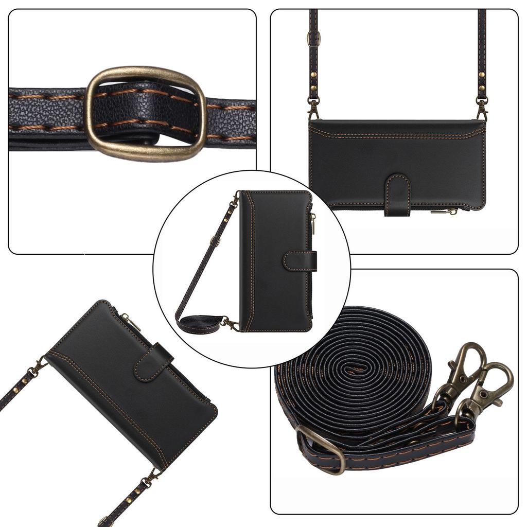 Leather Wallet Flip Case For iPhone 17 16 15 14 13 12 11 Pro Max Air 8 7 Plus X XS XR SE 2020 2022 16e 17e Zipper Pocket, Crossbody Strap and Wristlet