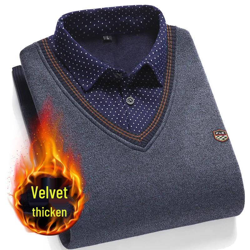 Pull deux pièces à col chemise doublé polaire pour hommes d'âge moyen et personnes âgées