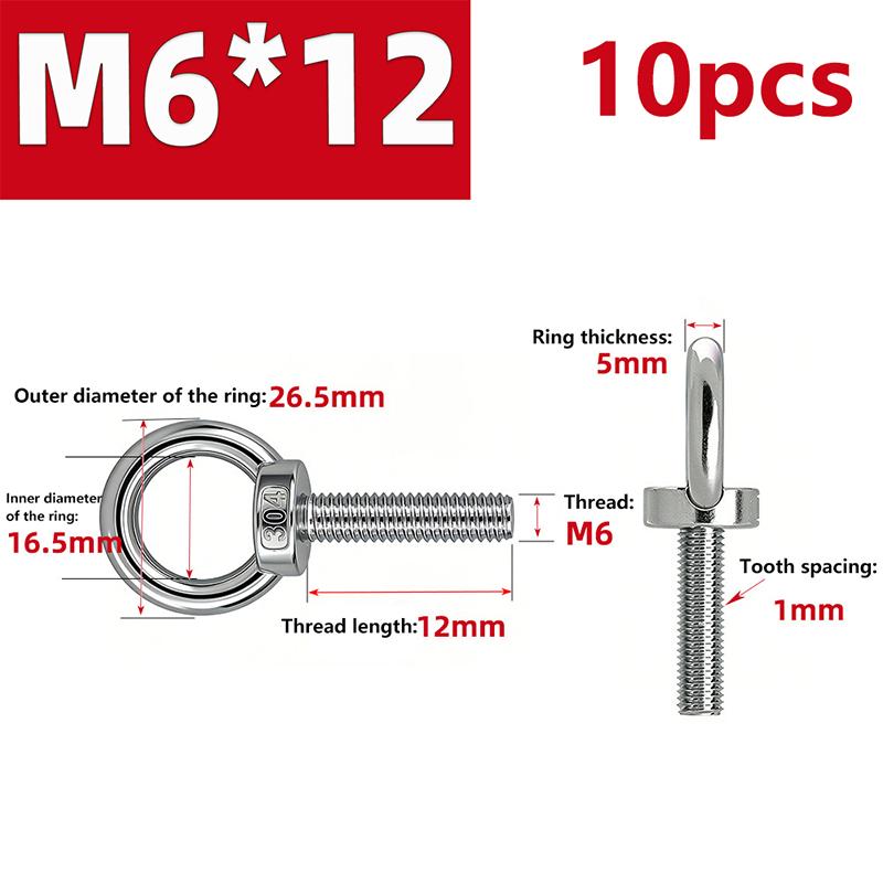 304 Stainless Steel Eye Bolt Kit 1/3/5/10pcs M4 M5 M6 M8 High Strength Eyebolts for Woodworking Cable Rope Fastening Furniture Making DIY Projects