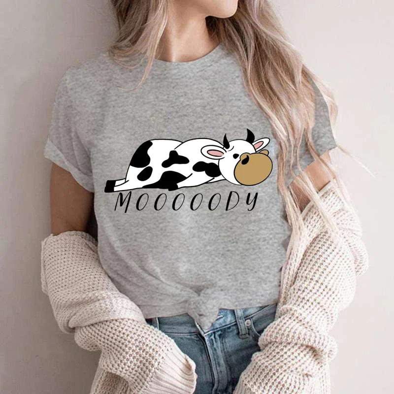 Moooody Cow Print Women Clothing Short Sleeve Aesthetic Clothes Streetwear Lazy Cow Fashion T-shirts for Women