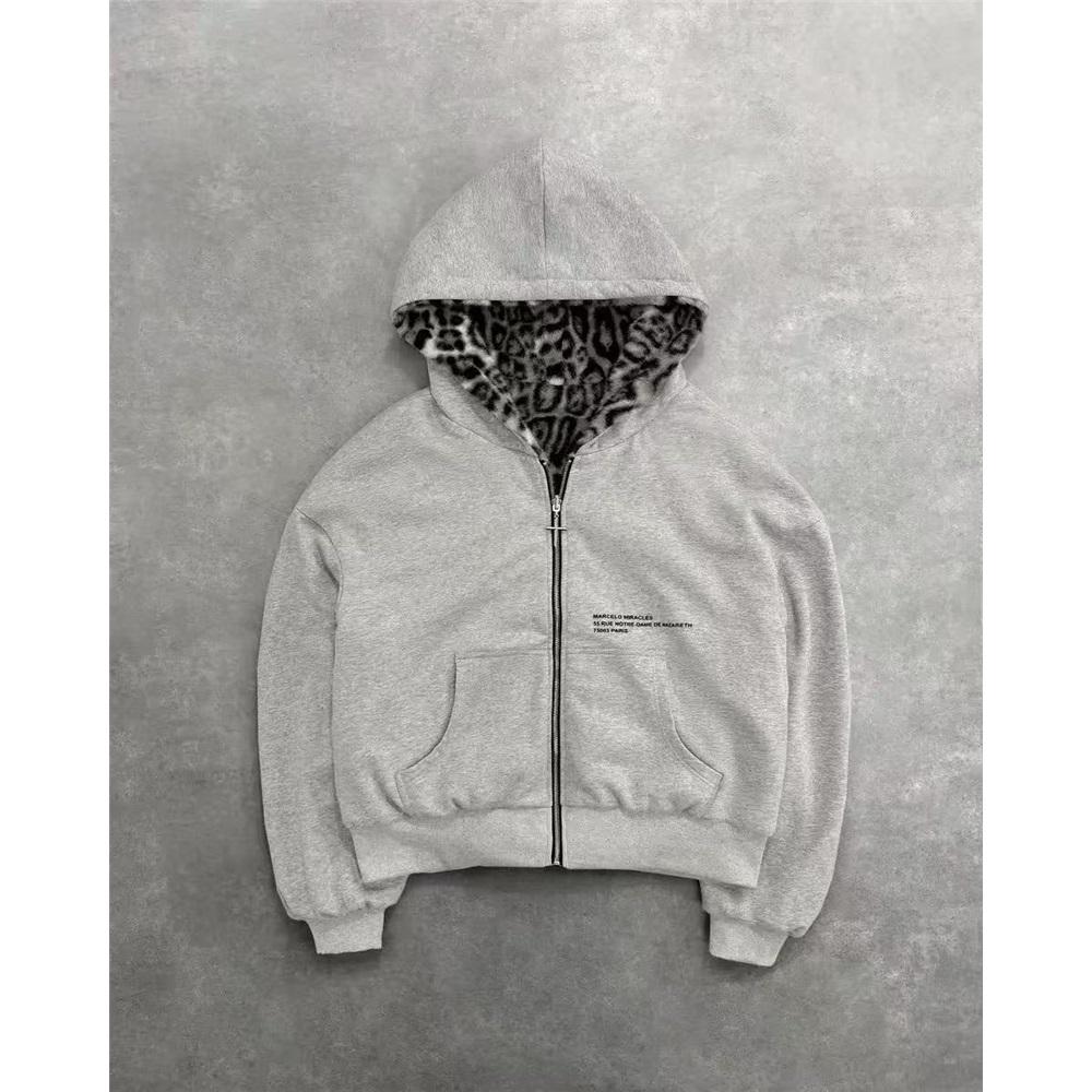 Autumn And Winter Leopard Print Hoodie Reversible Zipper Loose Sweatshirt For Men
