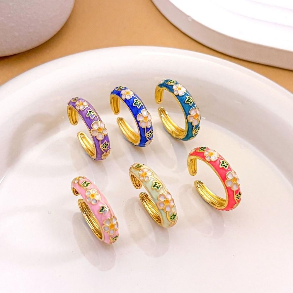 Engraved Colorful Enamel Flower Rings Classic Gold Plated Ring Vintage Geometric Rings Engagement