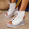 Fashion Leopard Print Fish Mouth Wedge Heel Casual Sandals for Women Summer New Open Toe Comfortable Lace Up Chunky Sandals