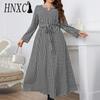 HNXC Women's Fashion Autumn Dresses Plaid Print Long Sleeve O-Neck Casual Dresses