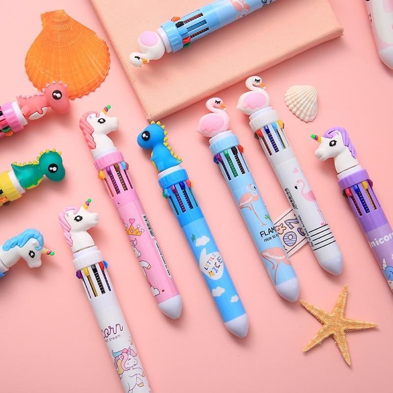 10 Farben Kugelschreiber, niedliches Einhorn, Cartoon-Dinosaurier, Farbe, einziehbarer Stift, mehrfarbig in 1
