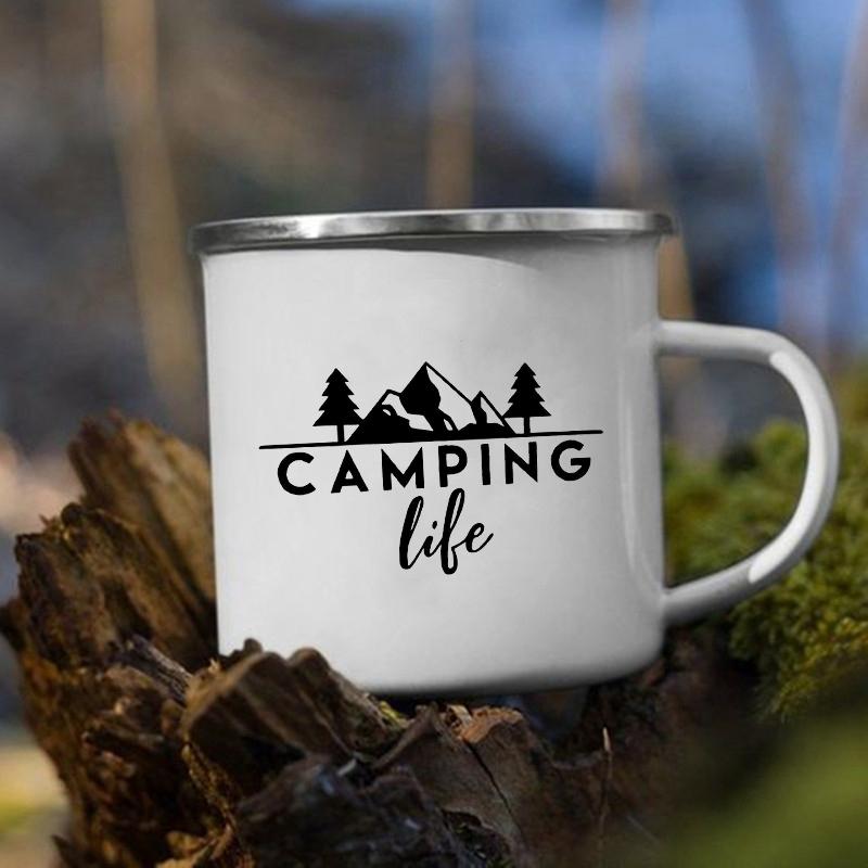 Enamel Camping Cups Adventure Awaits Camping Mugs Happy Campers Campfire Cup Outdoor Campervan Coffee Handle Mug Camper Van Gift