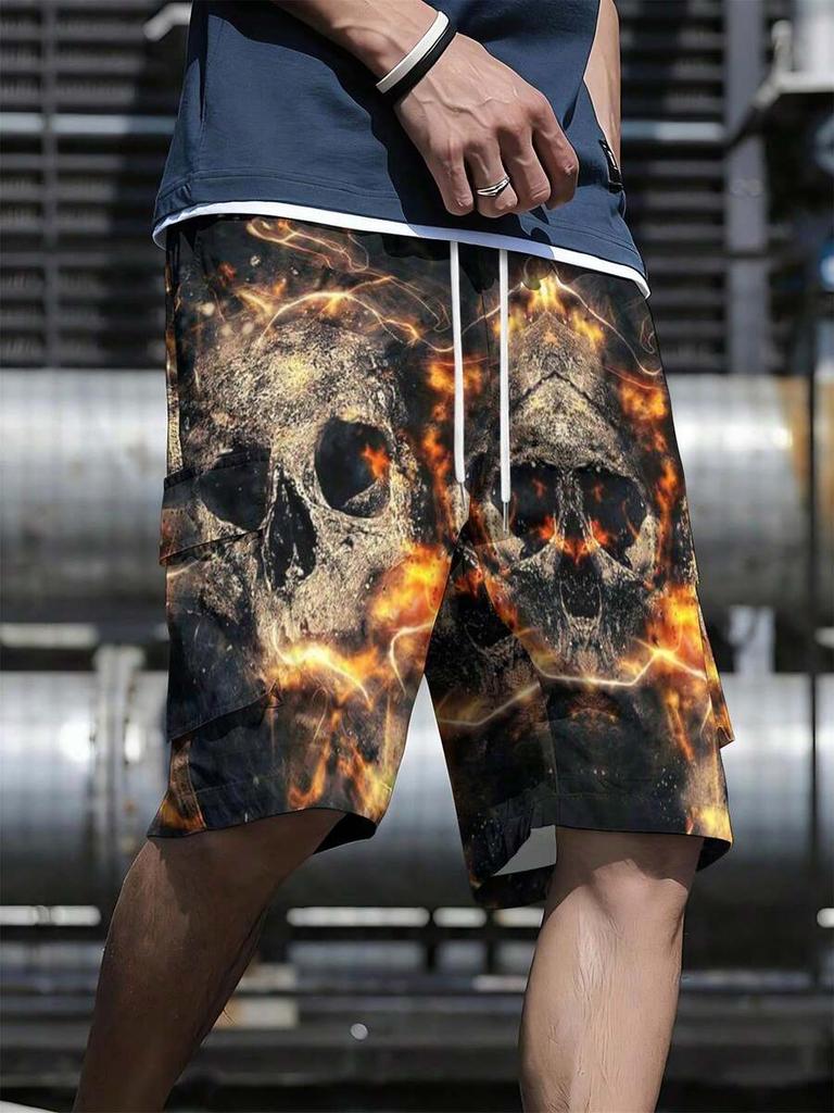 3D Digital Printed Flame Skull Pattern Men's Beach Shorts, Summer Casual Vacation Style Men's Bottoms, Men's Cargo Pants