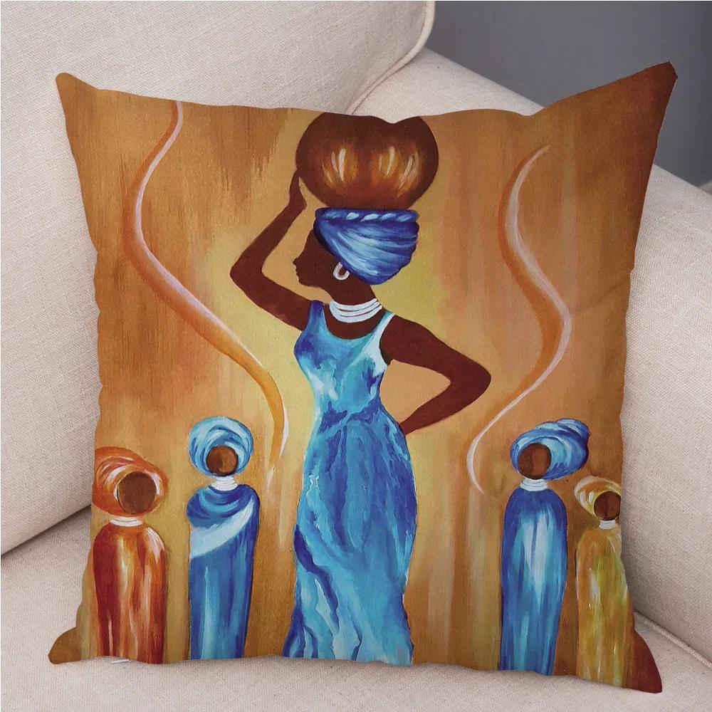 African Woman Soft Plush Cushion Cover for Sofa Home Decor Orange Abstract Painting Pillow Case Africa Life Collection Pillowcae
