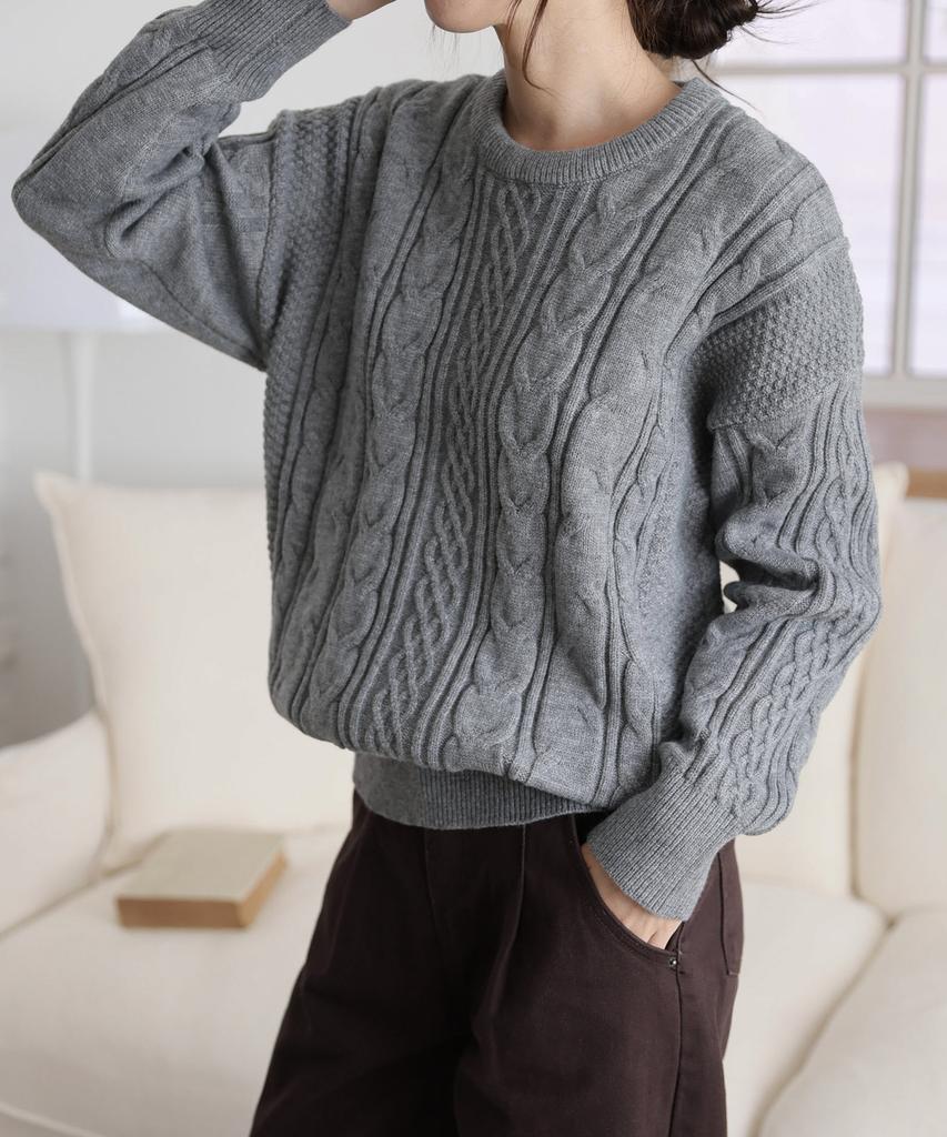 Ppaeppae Round Neck Voluminous Cable Knit Loose Fit Long Sleeve Knit T-Shirt 4 Colors