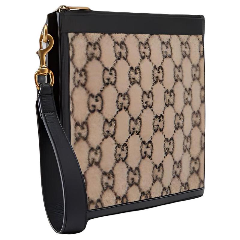 Gucci Distressed Old Flower Logo Wristband, Wool Splicing Leather Clutch Bag, Same Style for Men and Women, Couple Style, Beige/black