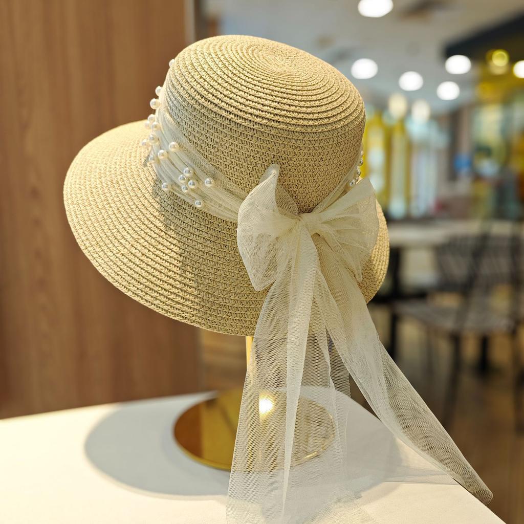 Summer outdoor vacation sunscreen lace pearl brim sun hat women