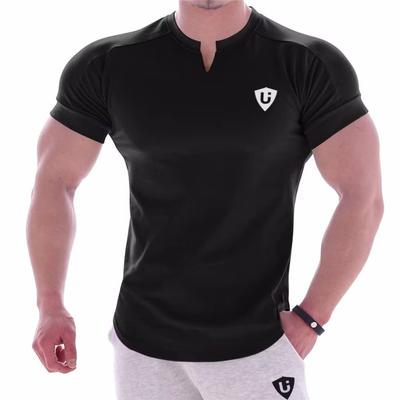 LVFU Férfi Edzőpóló, Nyújtható Edzőruha, V-nyakú, Rövid ujjú, Íves aljú, Fitness Póló, Fekete, L-es méret, BF-124