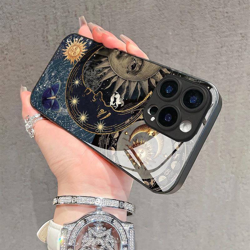 Kreatives Sonnenmenschen-Muster Gehärtetes Glas Handyhülle Für iPhone 16 Pro Max 17 15 14 13 12 11 Pro 16E 7 8 Plus XR XS X Hülle