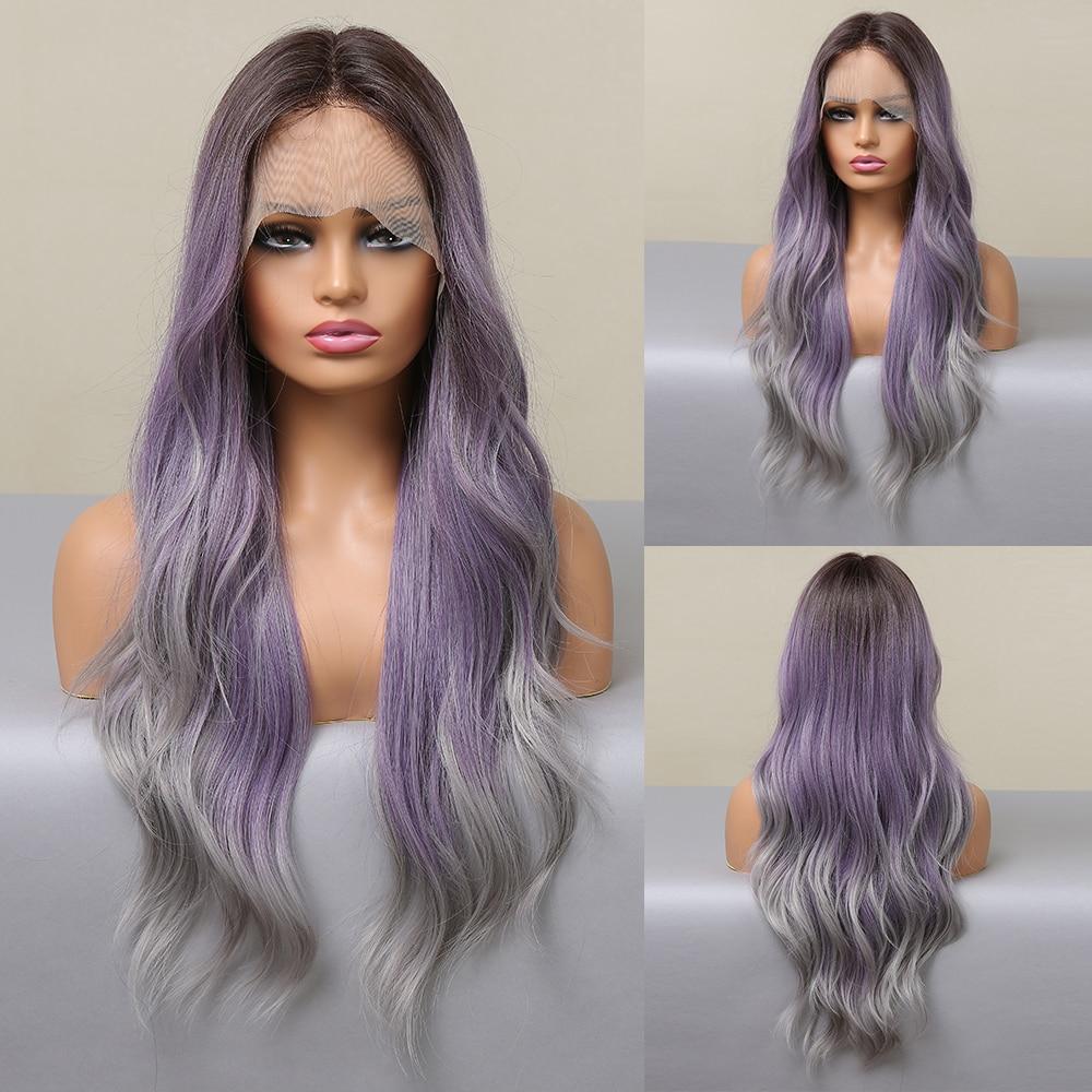 ALAN EATON Long Body Wave Synthetic Lace Front Wigs for Women Afro Brown Ombre To Blonde T Part Lace Wig Colored Highlight Hair