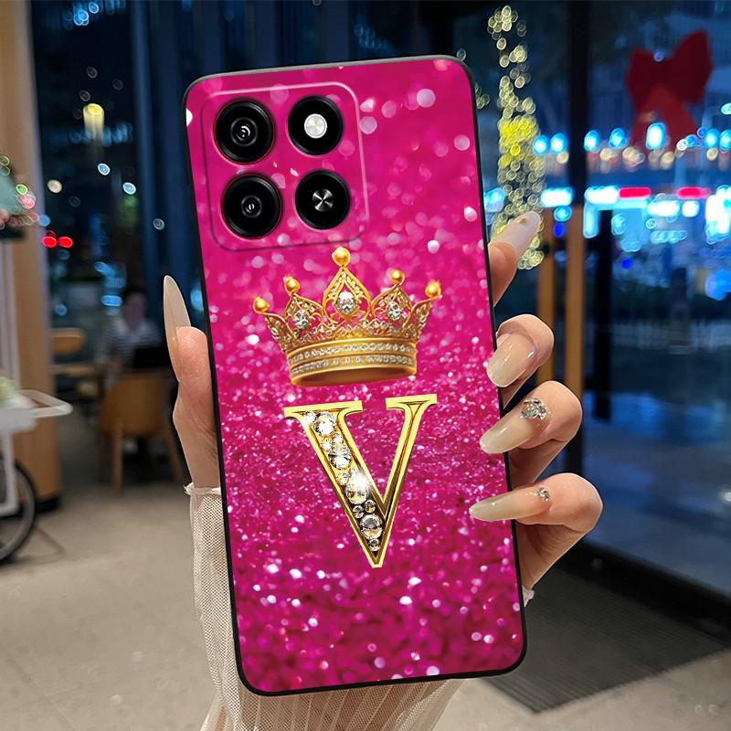 Cool Lucky A-Z Letter Phone Case For ZTE Blade A35/A55 Soft Silicone Black Case Shockproof Luxurious Glitter Crown Shell