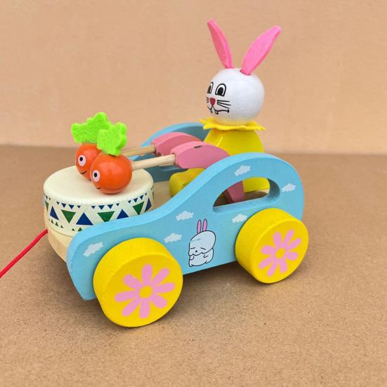 Pull String Wooden Car Toy Toddlers Boys Girls Cartoon Animal Drum Beating Vehicle Toy Educational Motor Skill Early Development Pulling Rope Car Toy