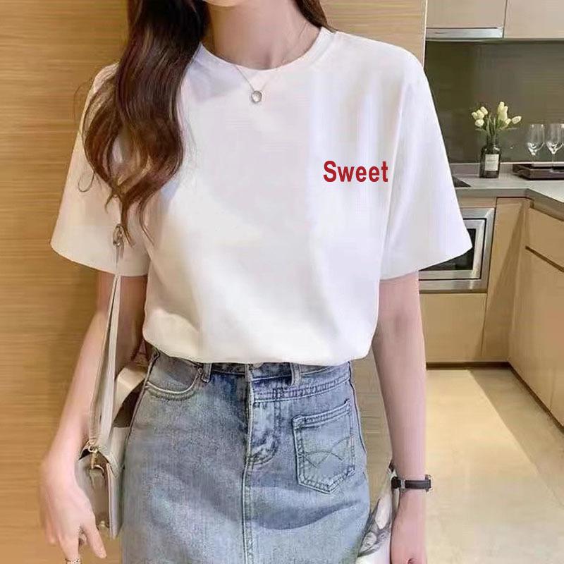 Sommer Damen Baumwolle Lose Weiße Kurzarm T-Shirt Rundhals Bedrucktes Oberteil
