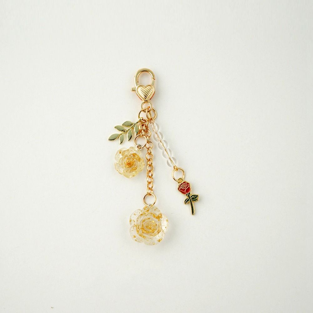 Flower Keyring 3D Rose Camellia Keychain Metal Leaf Sweet Earphone Case Hanging