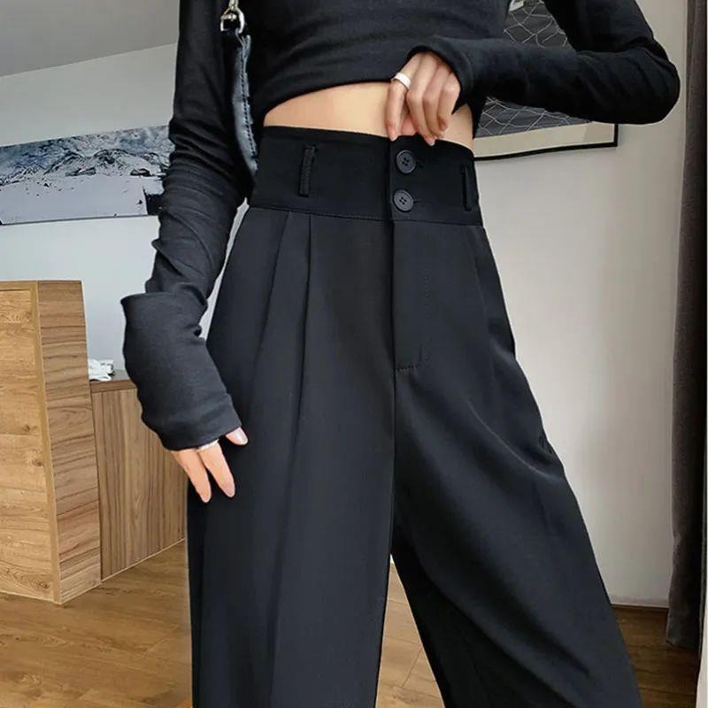 Gray High-Waisted Wide-Leg Pants for Women - Spring Plus Size, Drapey Straight Casual Suit